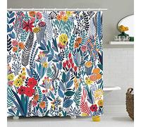 RosieLily Stacy Fay - Tenda da doccia con motivo floreale, per bagno, impermeabile, con ganci, 170 x 180 cm, colore caldo decorativo, sfondo bianco, foglie blu e fiori