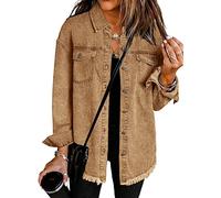 Roskiky Giacca da donna oversized Button Up Frayed Hem Shacket a maniche lunghe tasche Denim Jean Jacket, Almond Brown, M
