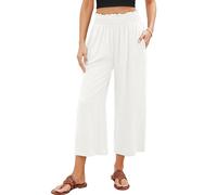 Roskiky Pantaloni Capri da donna a vita alta, larga, in lino, a forma di palazzo, bianco crema, M