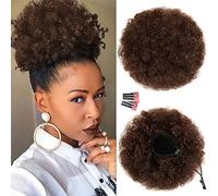 Rosmile - Extension a coda di cavallo afro per donne nere, colore castano medio premium # 4, 80 grammi, coda di cavallo sintetica corta afro per capelli naturali, chignon ricci con cordino