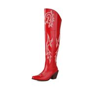 Rosso,38,Stivali Alti da Cowboy da Donna, Stivali Western sopra Il Ginocchio Punta Quadrata Ricamata alla Moda, Stivali da Cavaliere Invernali Tacco a Blocco e Fodera in Pelliccia
