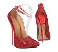 Rosso,42 EU,Scarpe da Sera da Donna con Tacco a Spillo Alto, Punta Chiusa e Cinturino alla Caviglia con Catena di Strass e Paillettes