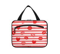 Rosso Bianco A Righe Cuore Lip Love appeso borse da viaggio cosmetici con gancio, designer borsa portatile skincare per viaggio must haves viaggio bolsa de maquillaje para mujer L, Rosso bianco