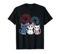 Rosso Bianco Blu Cat USA Bandiera Fuochi d'artificio 4 luglio Maglietta