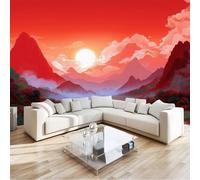 Rosso Carta da parati murale, Stile Cinese Montagne Fiumi Luna Carta da parati per soggiorno camera da letto, murale decorativa non tessuto per sala da pranzo corridoio 200 x 140 cm
