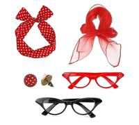 (Rosso) Confezione da 5 accessori Rockabilly anni '50 con fascia a pois, orecchini e sciarpa