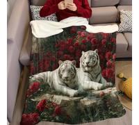 Rosso Coperta Flanella Due tigri bianche e rose 100 x 130 cm Plaid Pile Morbido Leggero Caldo per Divano Letto Viaggi Regali Bambini e Adulti