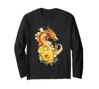 Rosso Drago Floreale Acquerello Fantasy Creatura Arte Maglia a Manica