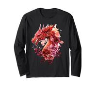 Rosso Drago Floreale Acquerello Fantasy Creatura Arte Maglia a Manica