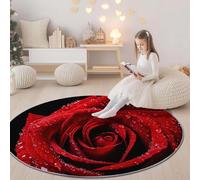 Rosso Nero Tappeto Rotondo Salotto 100 cm, Morbido Piante Rose Fiori Gocce Di Rugiada Stampato Tappetini Antiscivolo Tappeto per Bambini Cameretta Cucina Casa Zona Balcone Tappet Tavolino