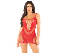 Rosso Pizzo E Rete Mini Abito - Con Doppio Dettaglio Cinturino - OS