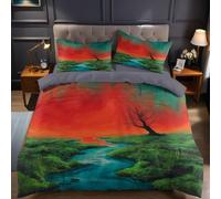 Rosso Set Copripiumino Matrimoniale 250 x 200 cm Tramonto astratto sul fiume 3D Stampa Copripiumino in Microfibra con 2 Federe 50x80 cm, Biancheria da Letto Matrimoniale