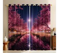 Rosso Tende Termiche Oscuranti Vista notturna dei fiori di ciliegio nel parco 3D in Poliestere Set 2 Pannelli 140L x 175A cm Occhielli Camera da Letto Soggiorno Cameretta Bambini