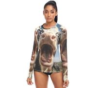Rosso Verde Candy Rash Guard Camicie Rashguard Escursionismo, Raffreddamento Protezione Solare Abbigliamento Donna, Mucca Ritratto Divertente, XL