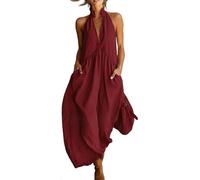 ,Rosso,XL,Vestito da Donna Ampio da Vacanza Elegante con Scollo a V Profondo, Maxi Dress, Vestito Estivo Senza Maniche alla Moda per Feste