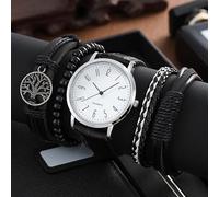 ROSSOM Men Watch 5pcs Black Quartz Watches Bracelet Men Business Casual Round WatchTree PU Leather Bracelets Sets