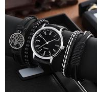 ROSSOM Men Watch 5pcs Black Quartz Watches Bracelet Men Business Casual Round WatchTree PU Leather Bracelets Sets
