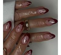 Rossore del vino premere sulle unghie mandorla falso bastone lucido coperture complete falso acrilico donne su unghie finte