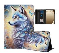 Rostsant Custodia Samsung Galaxy Tab A9 Plus Cover Libro Stand Funzione Slot per Carte Libro Cover Tablet Protettiva per Samsung Galaxy Tab A9 Plus 11 Pollici 2023 Lupo bianco