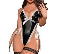 ROSVAJFY Body Sexy Pelle Verniciata Lingerie Senza Maniche Donna,Wetlook Biancheria Intima Hot Babydoll Allacciato Teddy Spalline,Tuta Un pezzo Clubwear V Profonda Pizzo,Costume Cosplay Halloween