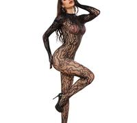 ROSVAJFY Bodystocking Donna Sexy Pizzo Leopardato Rete Trasparente Body Collant Elasticizzato a Maniche Lunghe Night Club Rave Party Biancheria Intima Babydoll Teddy Nero XS-XL (Nero4)