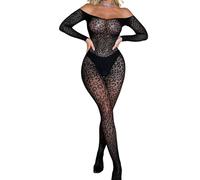 ROSVAJFY Bodystocking Donna Sexy Pizzo Leopardato Rete Trasparente Body Collant Elasticizzato a Maniche Lunghe Night Club Rave Party Biancheria Intima Babydoll Teddy Nero XS-XL (Nero3)