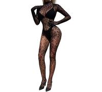 ROSVAJFY Bodystocking Donna Sexy Pizzo Leopardato Rete Trasparente Body Collant Elasticizzato a Maniche Lunghe Night Club Rave Party Biancheria Intima Babydoll Teddy Nero XS-XL (Nero)