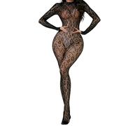 ROSVAJFY Bodystocking Donna Sexy Pizzo Leopardato Rete Trasparente Body Collant Elasticizzato a Maniche Lunghe Night Club Rave Party Biancheria Intima Babydoll Teddy Nero XS-XL (Nero2)