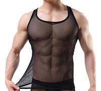ROSVAJFY Canotta Trasparente da Uomo Maglia Sexy Canottiera T Shirt Senza Maniche a Rete Gilet Bodybuilding Elasticizzato Traspirante Top Muscolari Maschili Tank Top Intimo Gay Clubwear (L)
