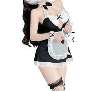 ROSVAJFY Costume da Cameriera Femme Lolita Set Lingerie Mini Abito Halter Sexy Cosplay Cameriera Francese Anime Kawaii Maid Vestito Hot Intimo Pizzo Grembiule Babydoll Halloween (Nero)