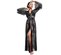 ROSVAJFY Kimono lungo da donna, in pizzo, trasparente, largo, a maniche lunghe, da spiaggia, leggero, con cintura, Nero , Taglia unica
