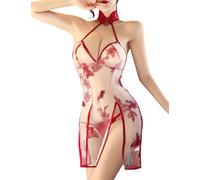 ROSVAJFY Lingerie da Donna Sexy Babydoll Camicia da Notte Cheongsam per Cosplay Anime Intimo Miniabito con Ricamo a Farfalla e Spalline Laterali in Rete Trasparente Nero/Borgogna (Borgogna)