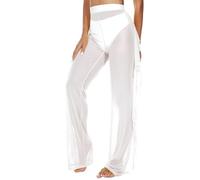 ROSVAJFY Pantaloni Maglia Trasparente Donna Costume Bagno Rete Velato Volant Pantaloni Coprenti Vita Alta Spiaggia Slip Bikin Sexy Clubwear Festa (Bianco, S)