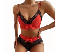 ROSVAJFY Set Lingerie da Donna in Pizzo 2 Pezzi Completo Intimo Sexy Reggiseno con Spalline + Mutande a Vita Alta Fiocco Babydoll Biancheria Intima Elastica Hot Curvy S-L (Rosso, L)