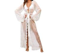 ROSVAJFY Vestaglia da donna in rete trasparente, lunga kimono, con bordo in pizzo, vestaglia da sposa, abbigliamento da notte, costume da bagno, bikini, cardigan con cintura in raso, bianco, One Size