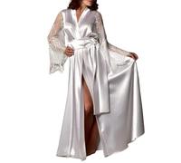 ROSVAJFY Vestaglia Donna Sexy Maniche Lunghe Lingerie Kimono Patchwork Pizzo Raso Camicia Notte Accappatoio Cintura Cardigan (IT, Testo, Taglia Unica, Regular, Regular, Bianco)