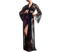 ROSVAJFY Vestaglia Lunga Sexy Donna Pizzo Trasparente con Perizoma Camicia da Notte Maniche Lunghe Lingerie Intima Kimono Floreale (Nero)