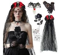 RosyFate Cerchietto di Halloween, Cerchietto Halloween con Velo Nero, Guanti in Pizzo, Rosa Nera, Tatuaggi, Velo halloween, per giorno dei morti, Carnevale (Rosso)