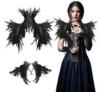 RosyFate Mantello di Piume, Scialle Piume Nere, Coprispalle Piume Nere con Polsini Piuma, Maleficent Costume, per Halloween, Carnevale, Masquerade