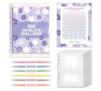 ROSYLEVE 100 Envelope Saving Challenge con 6 evidenziatori con due punte, budget Planner A5 con Challenge Tracker, per padroneggiare la sfida e risparmiare $5.050 in 100 giorni, viola