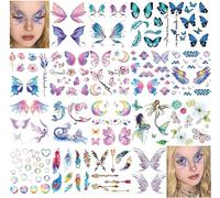 Rosymormor 18 Fogli Glitter Tatuaggi Temporanei per Donne Ragazze, Ali Farfalla Fiori Viso Corpo Adesivi Impermeabili Lucidi Tatuaggi Finti per Regali Festa di Compleanno Bomboniere Trucco Festival