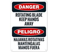 Rotante lama tenere mani lontane OSHA cartello bilingue segnale di sicurezza, segno di sicurezza in metallo NO.27436 cartello di sicurezza in metallo 20,3 x 30,5 cm - Avviso chiaro per uso domestico e