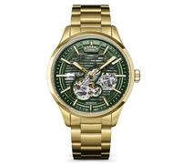 Rotary Greenwich, orologio da uomo con scheletro, automatico, resistente all'acqua fino a 100 m, quadrante verde, placcato oro, cinturino in acciaio inox