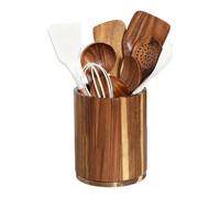 Rotating Kitchen Utensil Holder | Wooden 360° Turntable Crock 18.5x15cm Waterproof Rustic Countertop Storage Organizer Multi Slot Cookware Stand Spoon Fork Spatula Storage Rack Home Farmhouse Kitchen