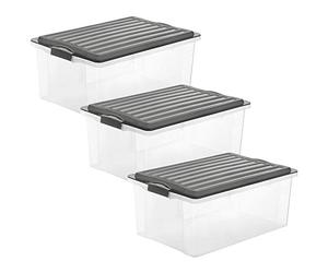 Rotho Compact Set di 3 Scatole con Coperchio, Plastica (PP) senza BPA, Grigio (Antracite)/Trasparente, 3 x A3/38 L, 57.5 x 40.0 x 25.0 cm