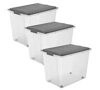 Rotho Compact Set di 3 scatole da 70l con coperchio e ruote, Plastica (PP) senza BPA, antracite/trasparente, 3 x 70l (57,0 x 39,5 x 43,5 cm)
