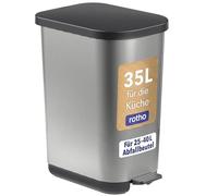 Rotho Orbe Secchio Rifiuti 35 L con Coperchio e Pedale Soft Close Argento | Pattumiera con pedale, chiusura Soft Close silenziosa, fermasacco regolabile per sacchi da 25 a 40 L, apertura a mani libere