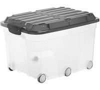 Contenitore Roller 6 - con ruote - 59,5x40x37 cm - 57 L - PPL - coperchio nero - trasparente - Rotho