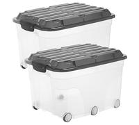Rotho Roller 6 - Set di 2 contenitori da 57 l con coperchio, in plastica (PP) senza BPA, trasparente/nero, 2 x 57 l (60 x 40 x 37 cm)