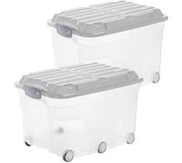 Rotho Roller 6 Set di 2 Scatole con Coperchio e Ruote, Plastica (PP) senza BPA, Trasparente/Grigio, 2 x 57 L, 60.0 x 40.0 x 37.0 cm